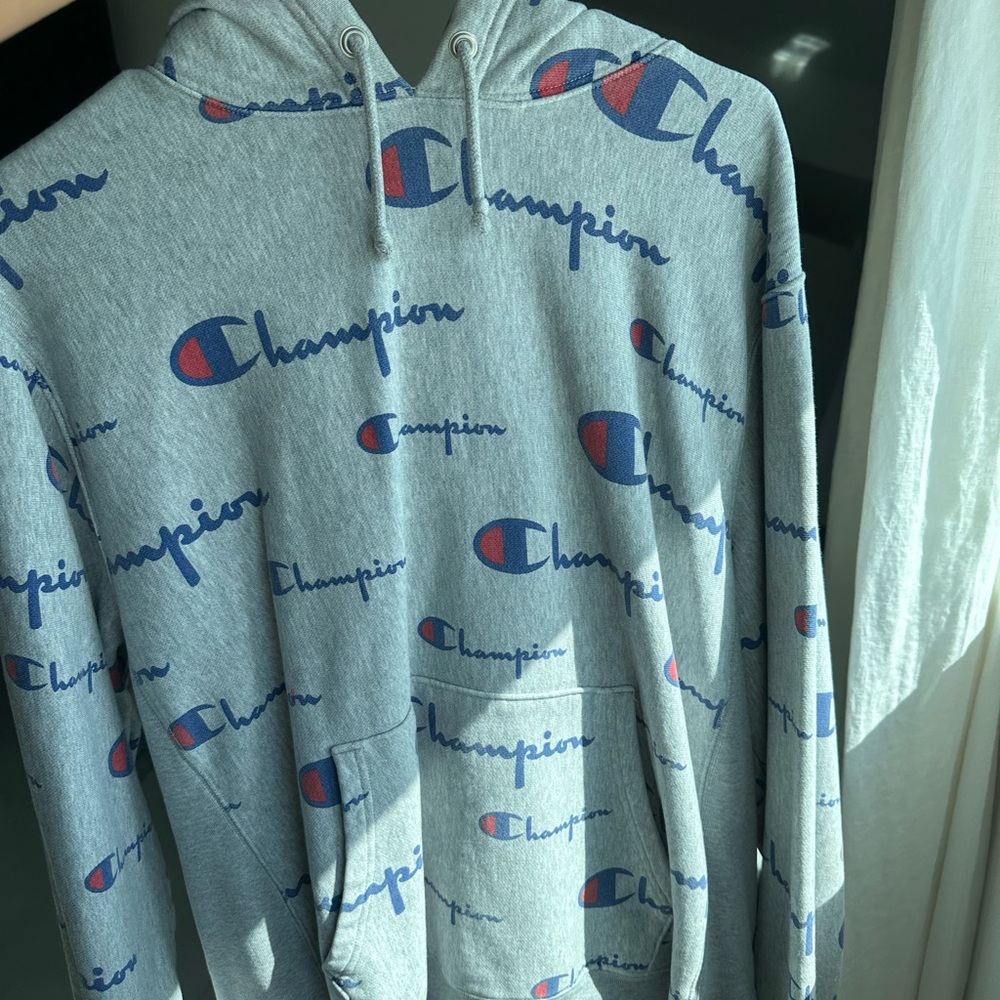 Champion Light Gray Hoodie with Blue and Red Logo Print